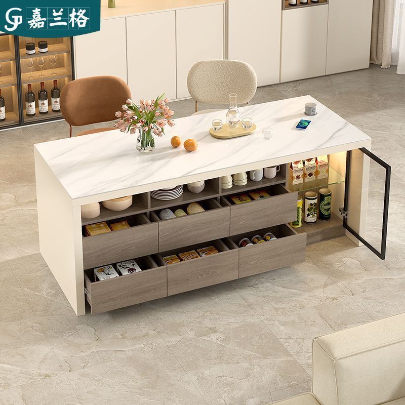 实木大理石吧台开放式厨房置物玻璃岩板小户型中岛台家用餐桌一体