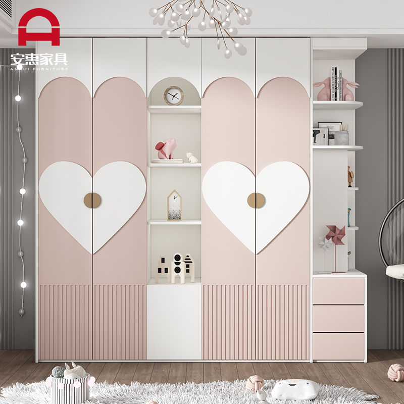 简约现代儿童转角衣柜家用卧室实木女孩子公主房粉色大衣橱子定制