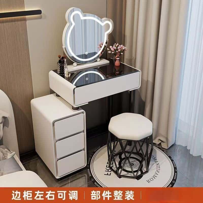 简约梳妆台奶油风化妆桌小户型现代轻奢化妆台梳妆台亮面钢化玻璃