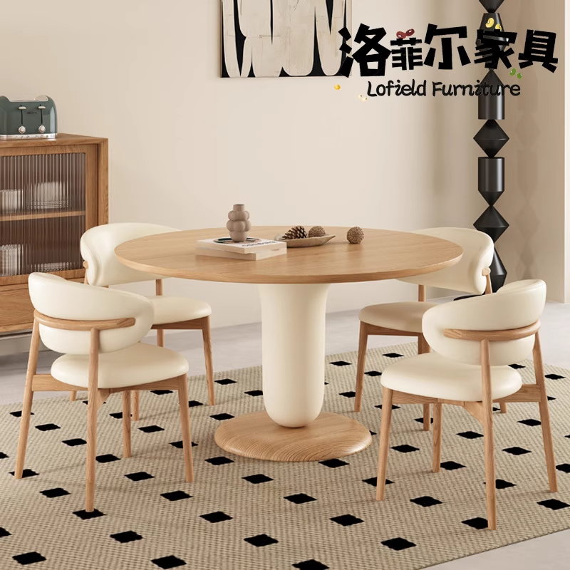 北欧实木奶油风原木圆形餐桌椅组合家用网红高端大小户型吃饭圆桌