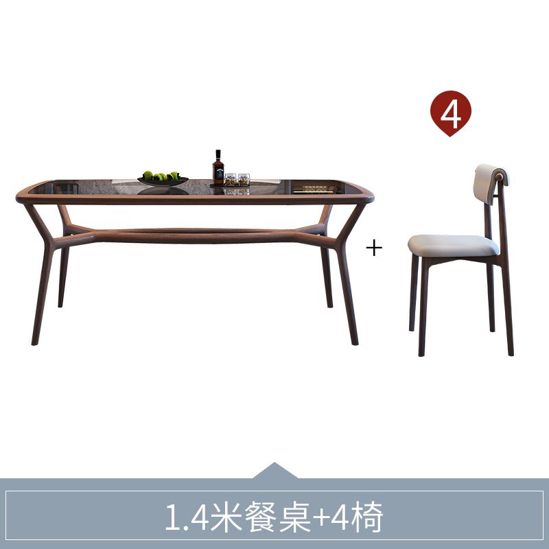 加厚钢化玻璃实木餐桌家用小户型现代简约胡桃色长方形餐桌椅组合