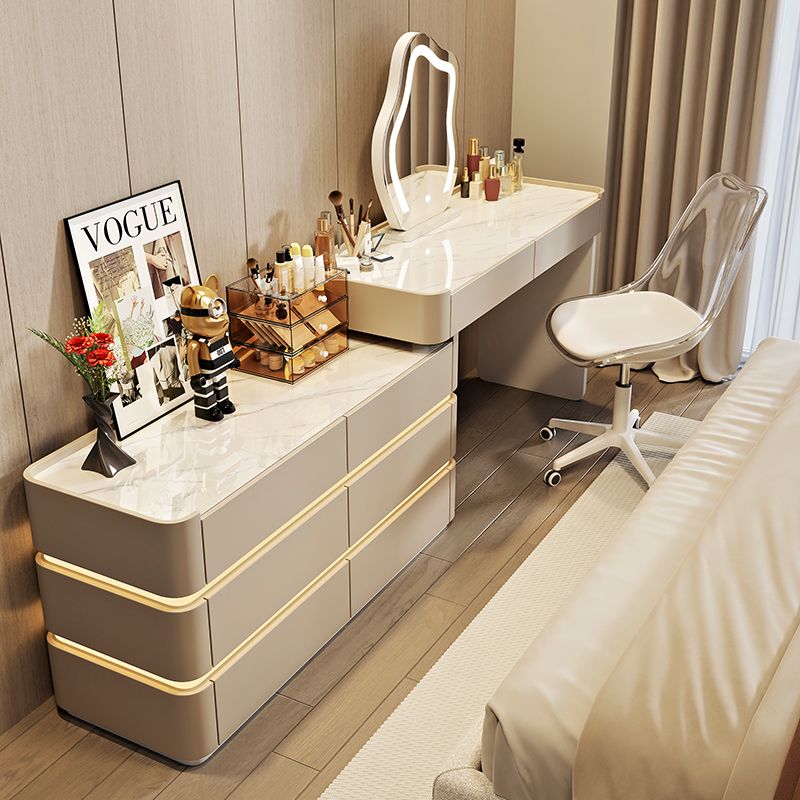 超薄30cm实木岩板卧室梳妆台奶油风斗柜一体化妆桌带氛围灯化妆台