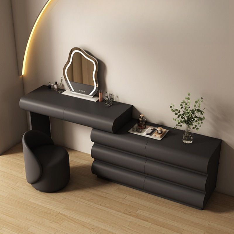 实木奶油风黑色梳妆台斗柜一体伸缩梳妆桌烤漆化妆台卧室轻奢高级