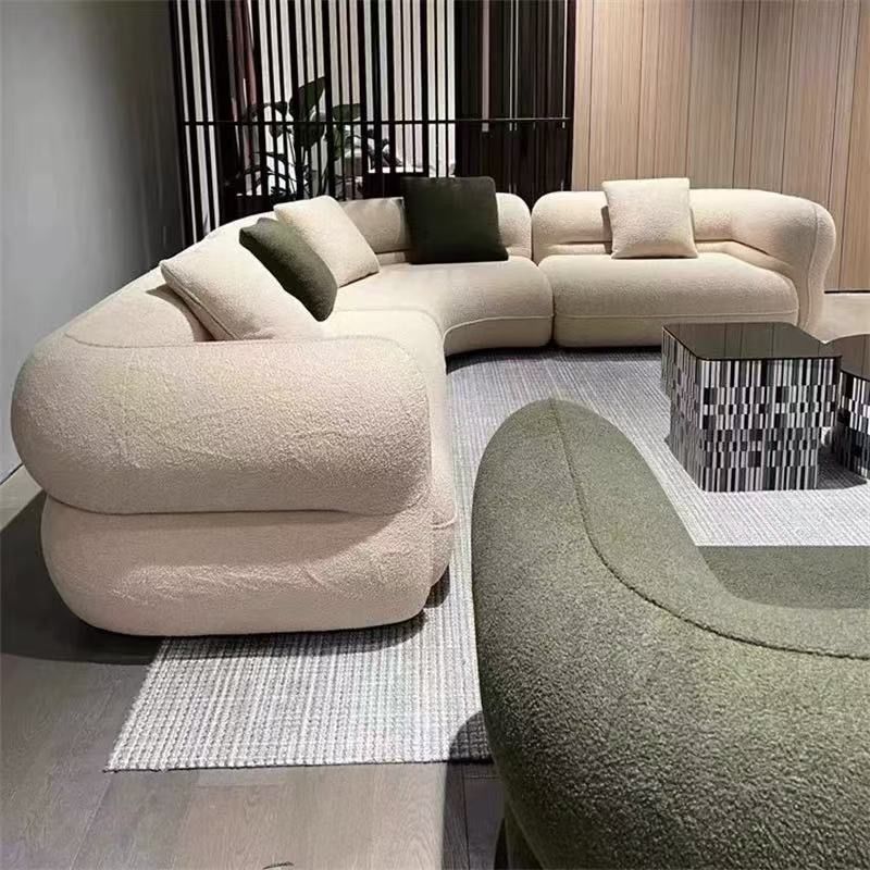 轻奢极简奶油风沙发弧形高端羊羔绒网红客厅小户型波波球布艺沙发
