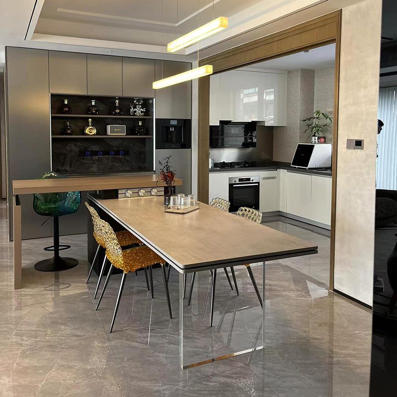 意式可伸缩旋转岛台餐桌一体T型L型家用岩板吧台桌厨房吧台中岛台