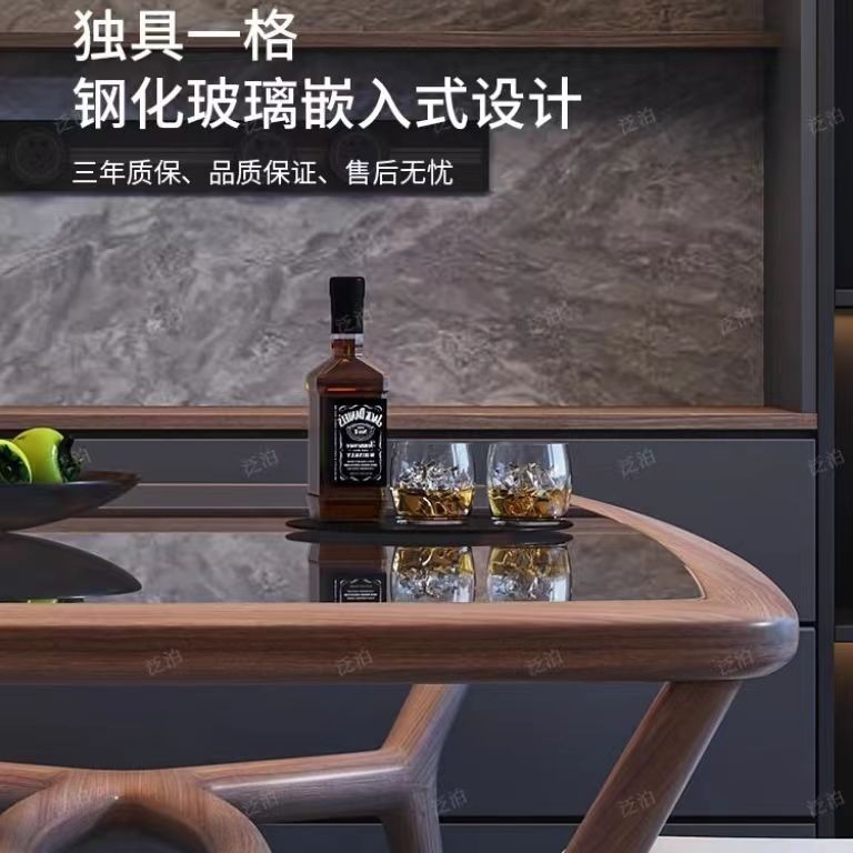 加厚钢化玻璃实木餐桌家用小户型现代简约胡桃色长方形餐桌椅组合