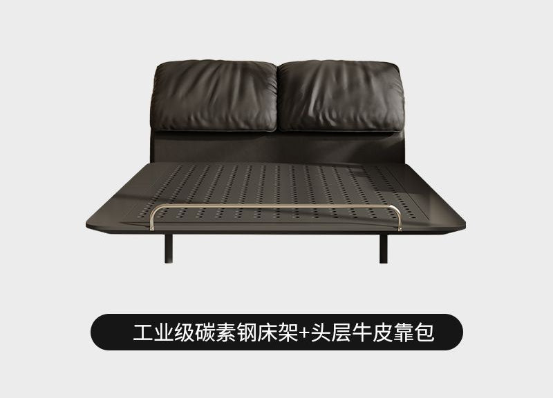 侘寂风钢艺床意式复古碳素钢齐边主卧床小户型大象耳朵真皮悬浮床