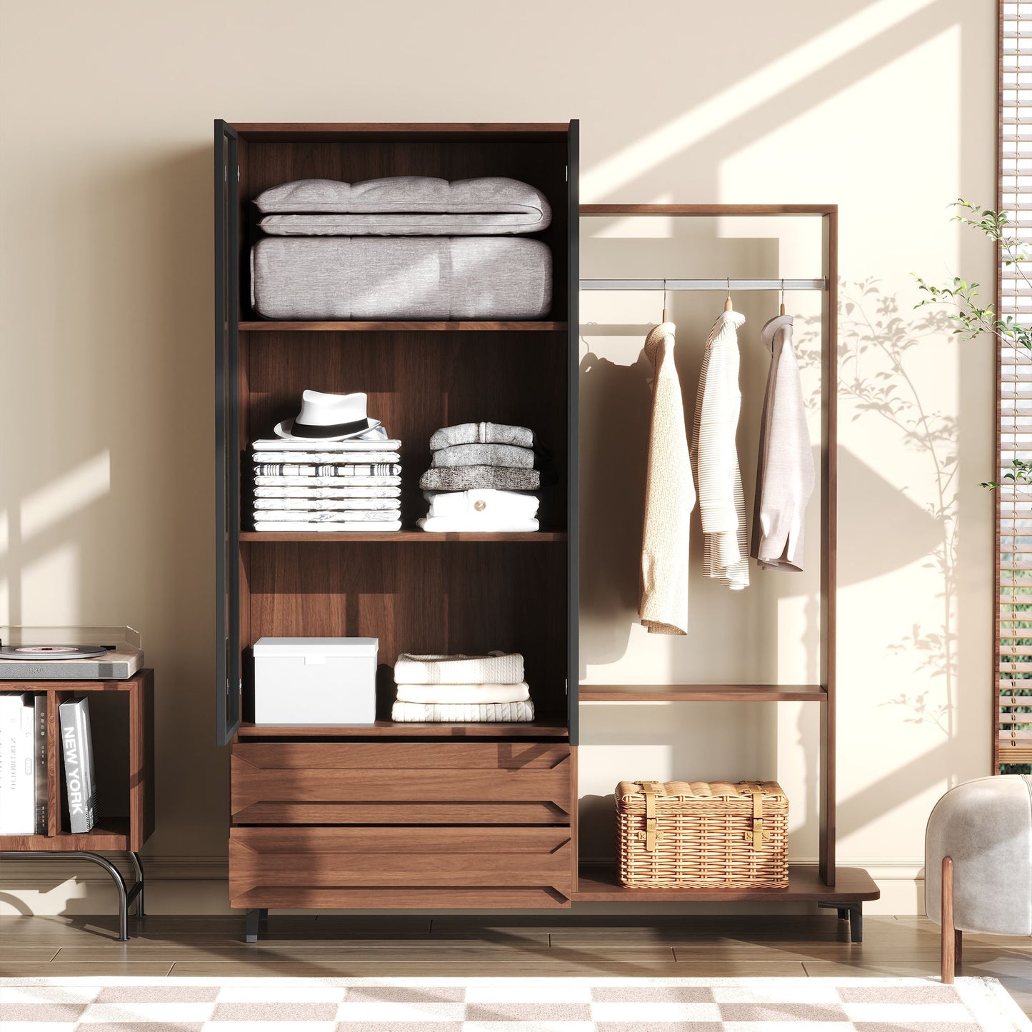 复古新中式独立衣柜卧室家用中古风收纳挂衣多功能储物衣橱可定制