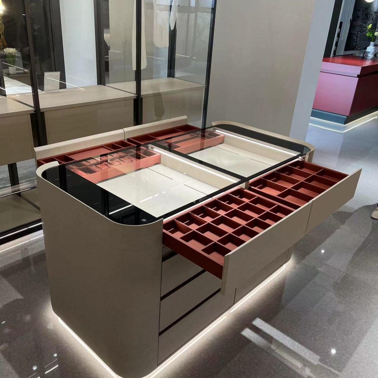 服装店圆弧设计衣帽间中岛柜实木影楼珠宝首饰展示柜抽屉式收纳柜
