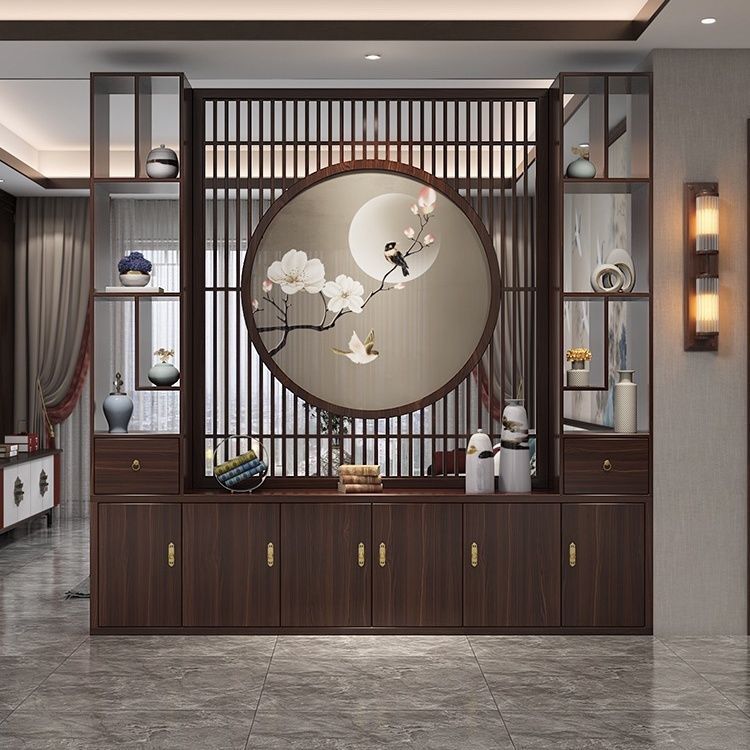 新中式客廳實木屏風隔斷辦公一體酒店大堂進門酒櫃玄關入戶隔斷櫃
