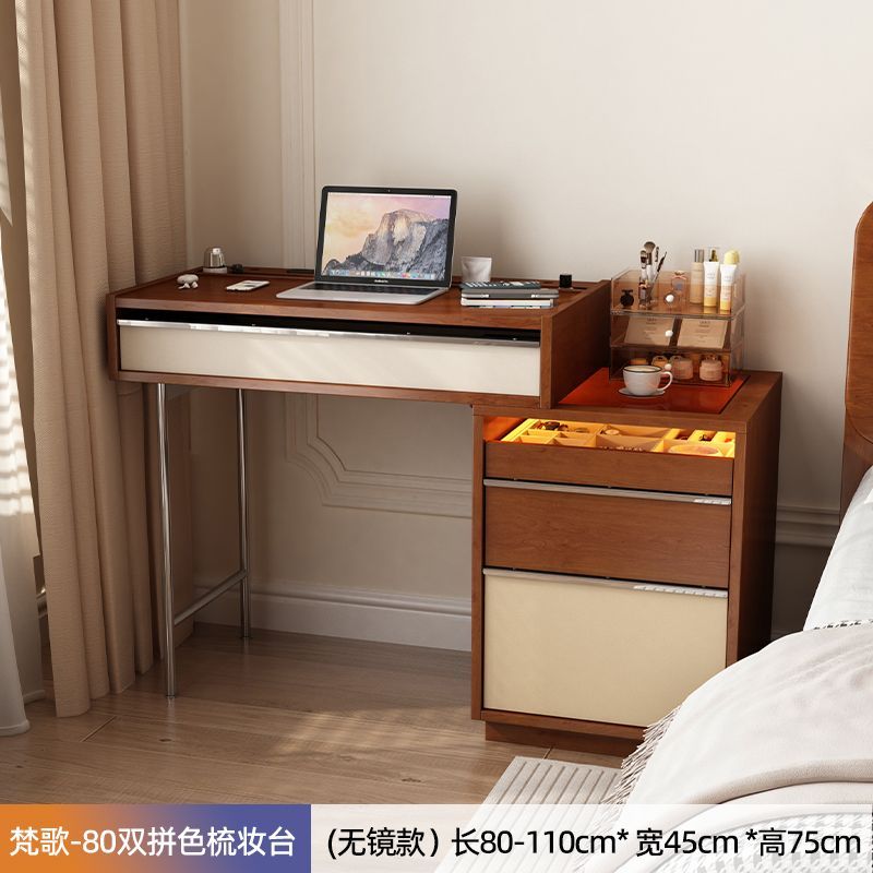 實木梳妝檯鬥櫃一體小戶型臥室牀頭化妝櫃中古風新款收納化妝桌鏡
