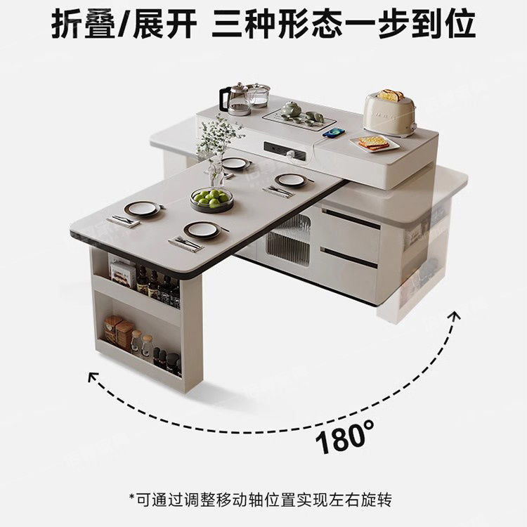 奶油简约实木岩板岛台餐桌一体小户型多功能现代旋转家用伸缩中岛