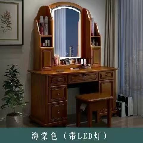 美式实木梳妆台轻奢现代简约高档智能折叠镜卧室化妆桌收纳柜一体