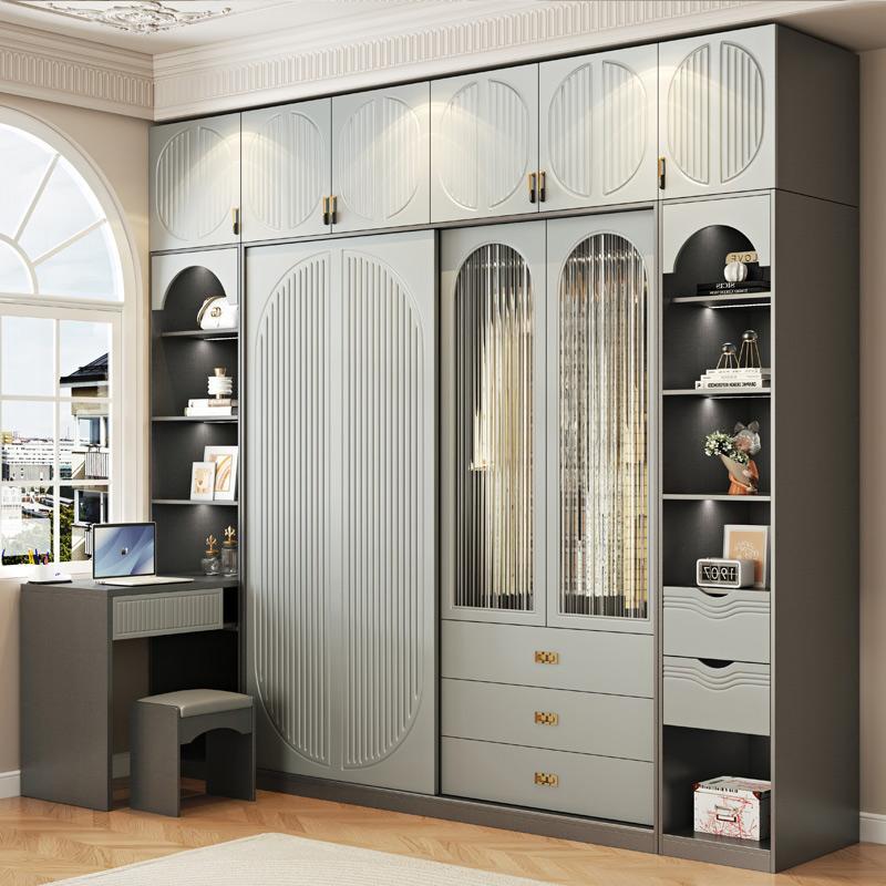 轻奢风北欧推拉门衣柜家用卧室儿童衣柜带书桌一体转角组合衣橱柜