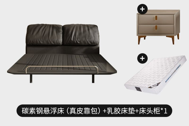 侘寂风钢艺床意式复古碳素钢齐边主卧床小户型大象耳朵真皮悬浮床