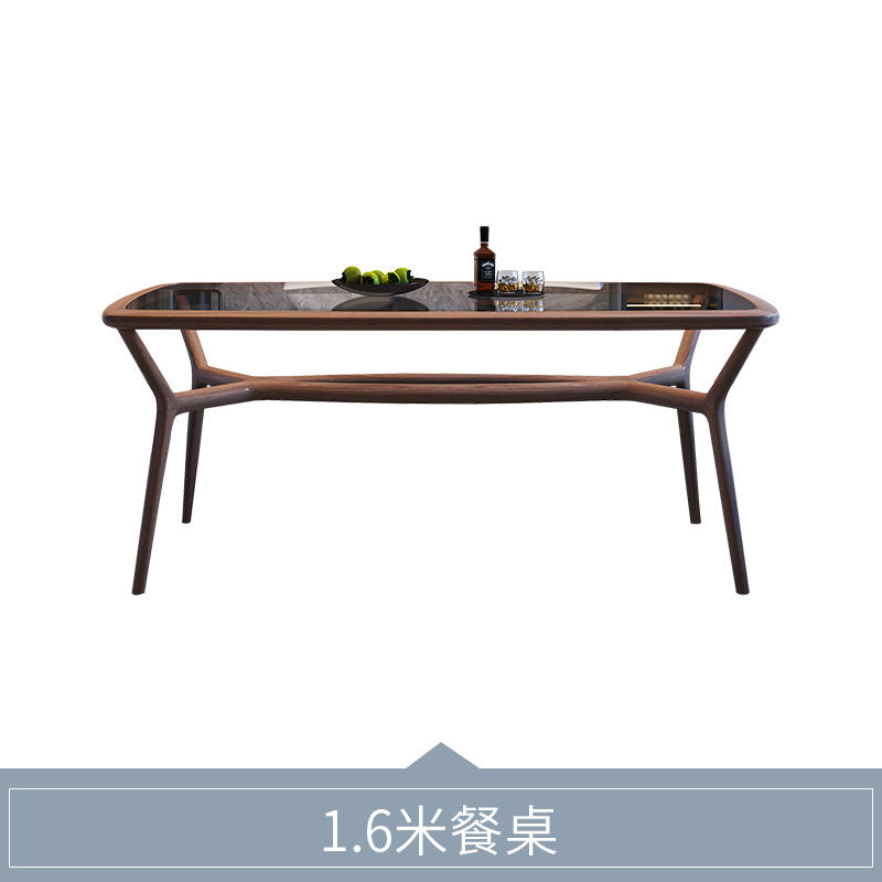 加厚钢化玻璃实木餐桌家用小户型现代简约胡桃色长方形餐桌椅组合