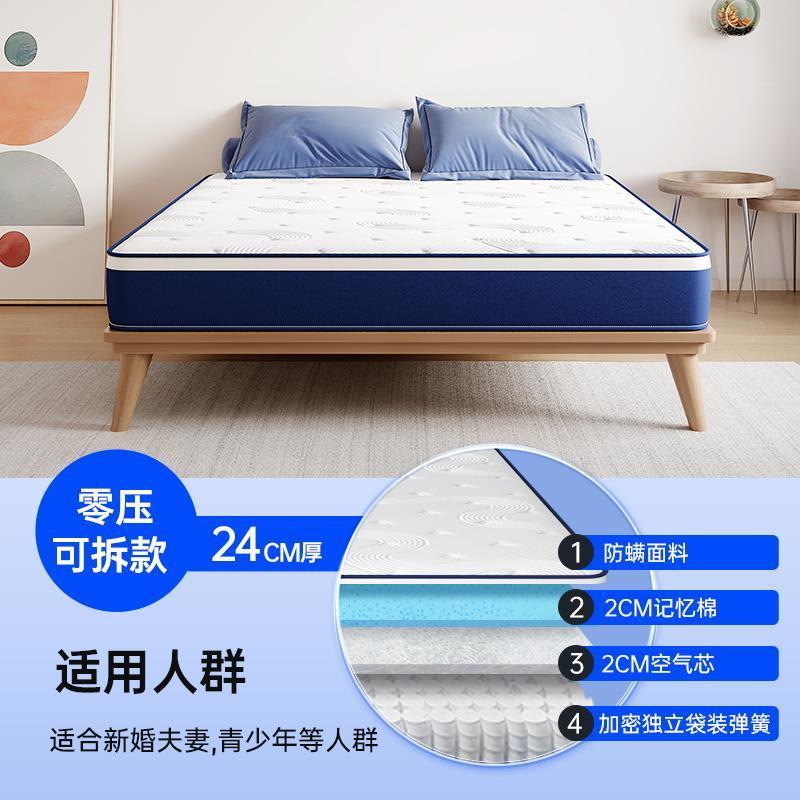 藍色記憶棉盒子壓縮捲包牀墊家用臥室乳膠獨立彈簧席夢思軟墊名牌