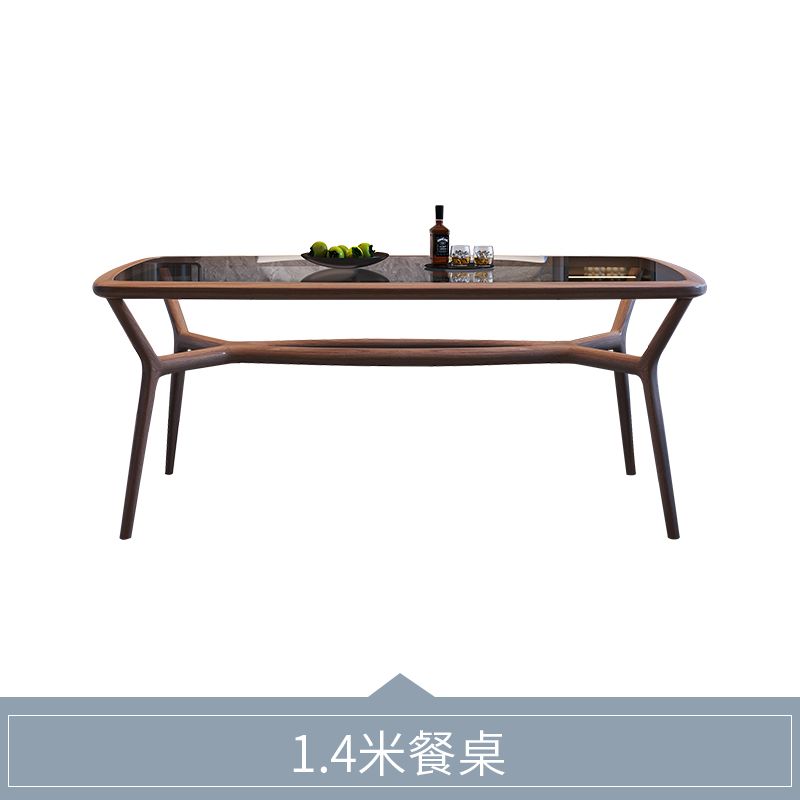 加厚钢化玻璃实木餐桌家用小户型现代简约胡桃色长方形餐桌椅组合