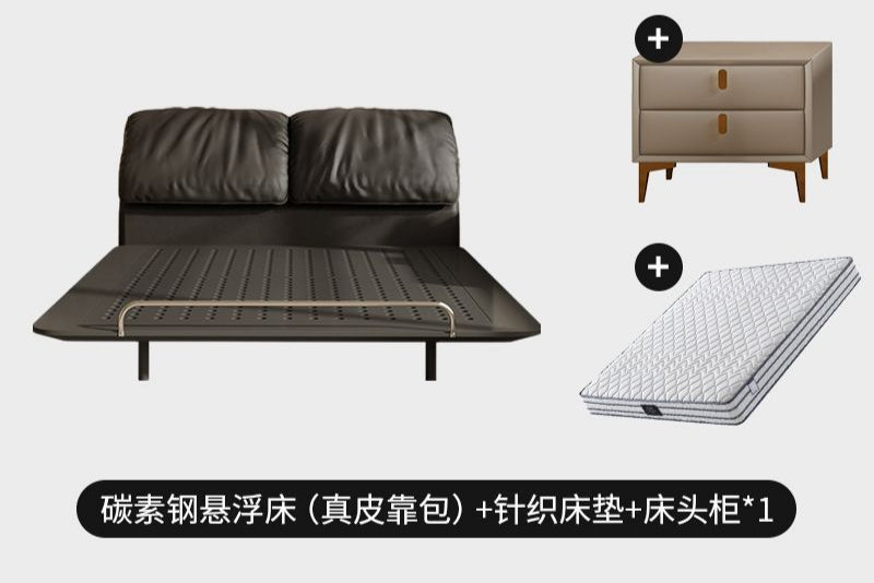 侘寂风钢艺床意式复古碳素钢齐边主卧床小户型大象耳朵真皮悬浮床
