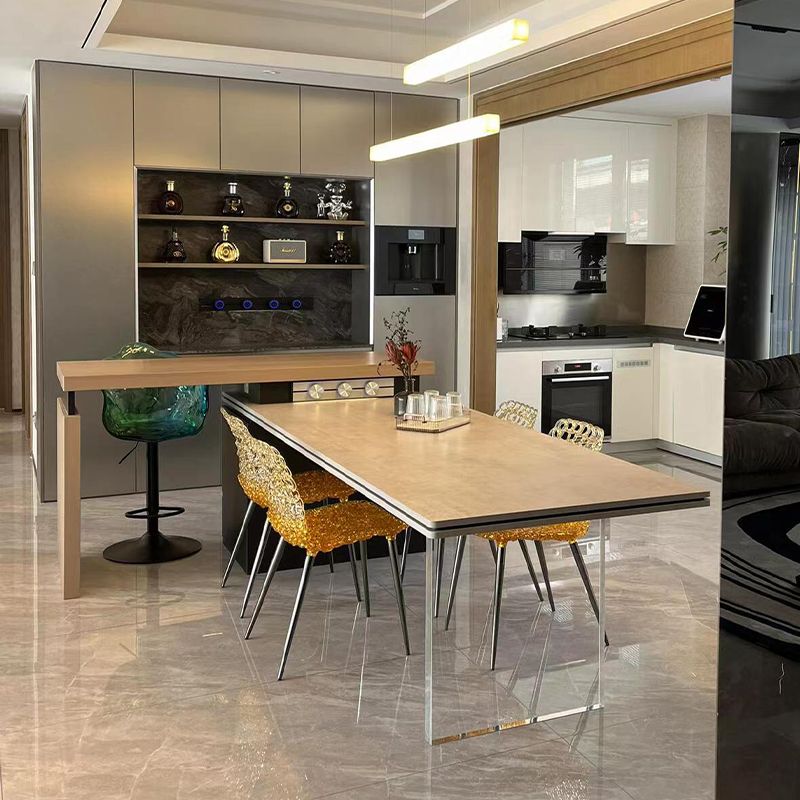 意式可伸缩旋转岛台餐桌一体T型L型家用岩板吧台桌厨房吧台中岛台