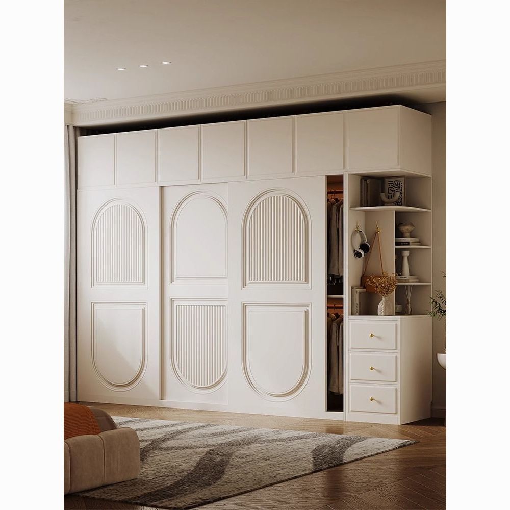 法式奶油风推拉门衣柜小户型经济型储物柜实木质趟门柜子简约现代