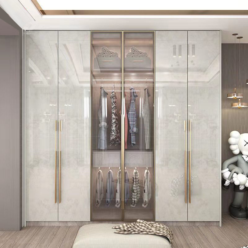 轻奢衣柜家用卧室玻璃门简约现代小户型亮光实木衣柜带梳妆台定制