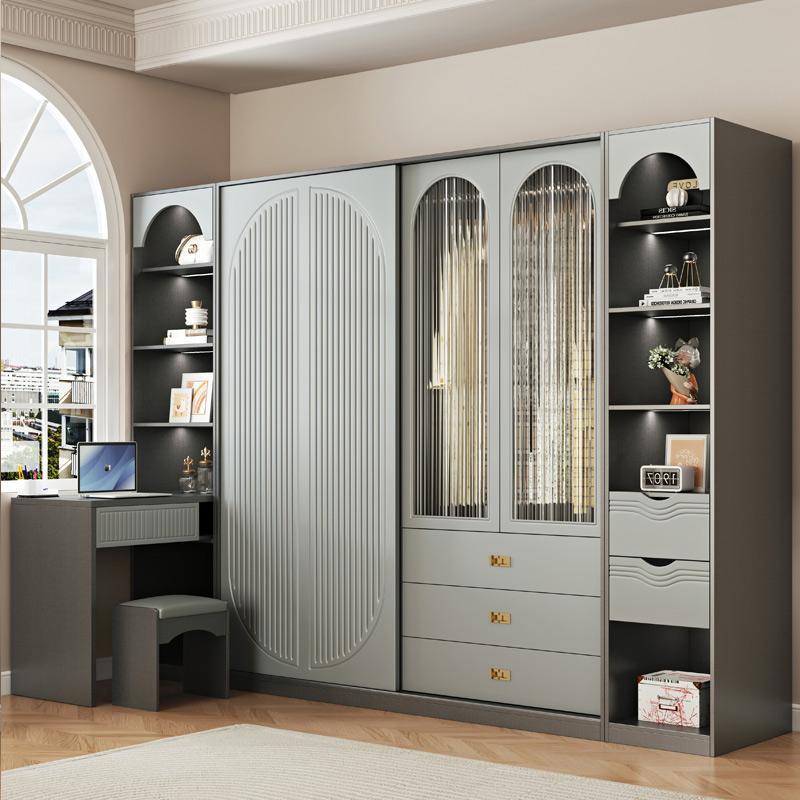 轻奢风北欧推拉门衣柜家用卧室儿童衣柜带书桌一体转角组合衣橱柜