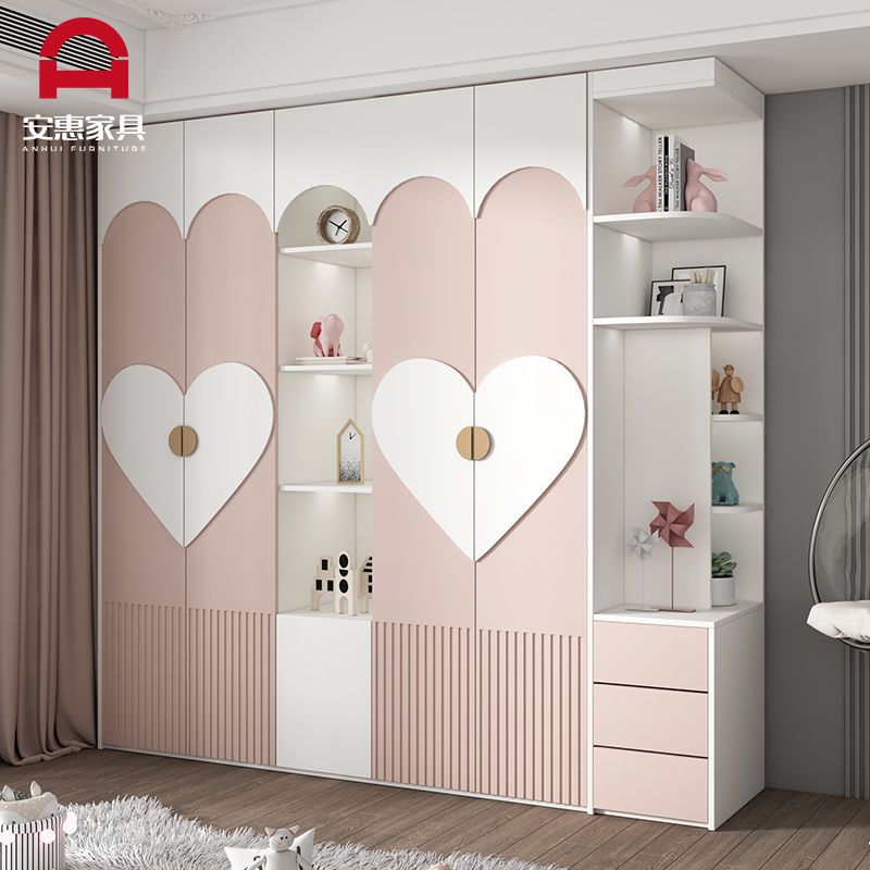简约现代儿童转角衣柜家用卧室实木女孩子公主房粉色大衣橱子定制