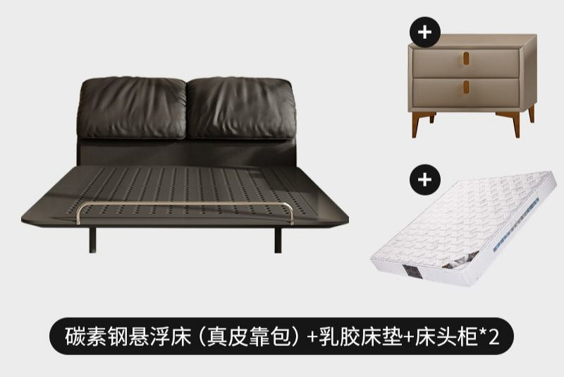 侘寂风钢艺床意式复古碳素钢齐边主卧床小户型大象耳朵真皮悬浮床