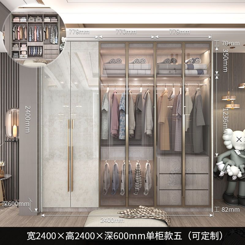 轻奢衣柜家用卧室玻璃门简约现代小户型亮光实木衣柜带梳妆台定制