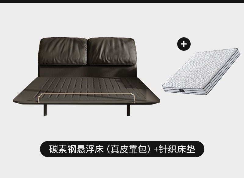 侘寂风钢艺床意式复古碳素钢齐边主卧床小户型大象耳朵真皮悬浮床