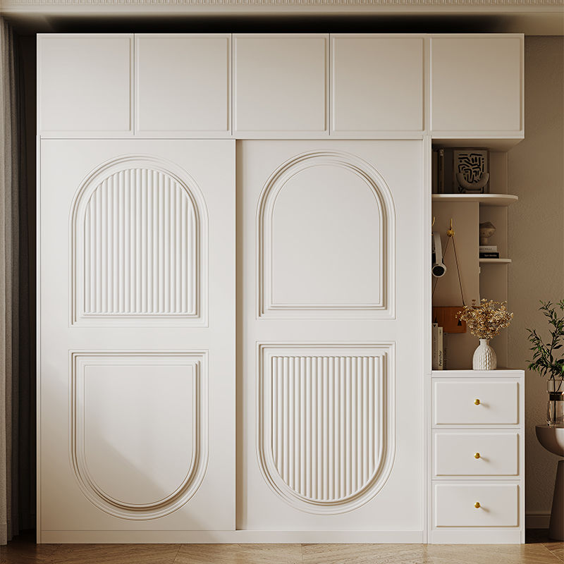 法式奶油风推拉门衣柜小户型经济型储物现代简约趟门柜子2024新款