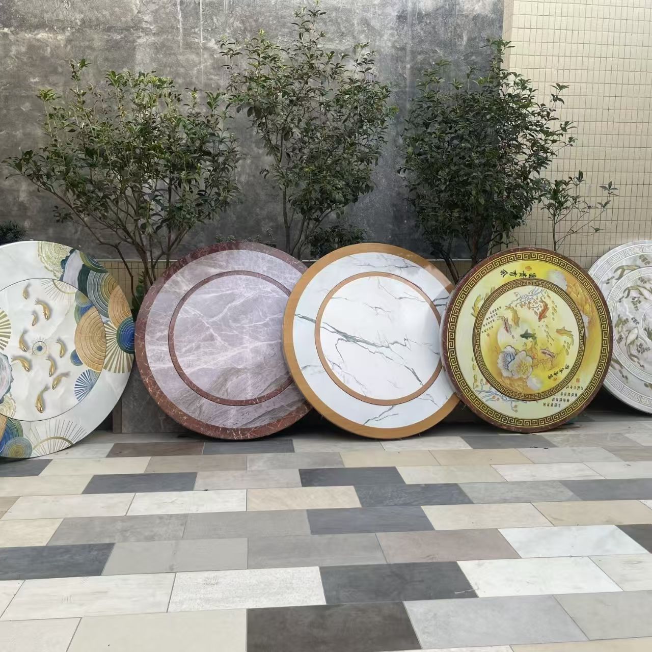 加厚可折叠不锈钢桌子内置全彩转盘酒店餐厅家用带旋转转盘圆桌