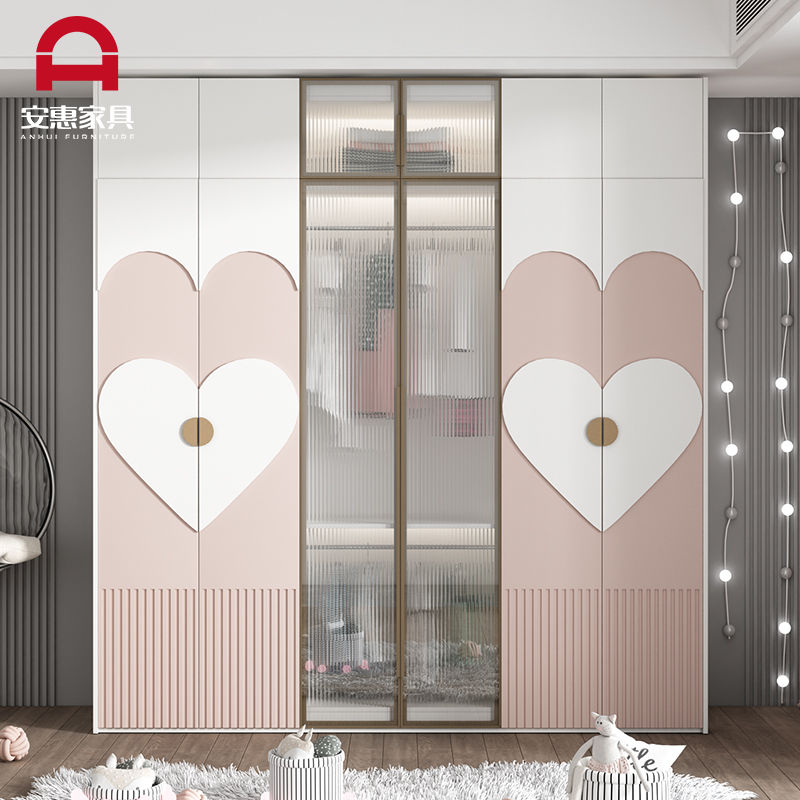 简约现代儿童转角衣柜家用卧室实木女孩子公主房粉色大衣橱子定制