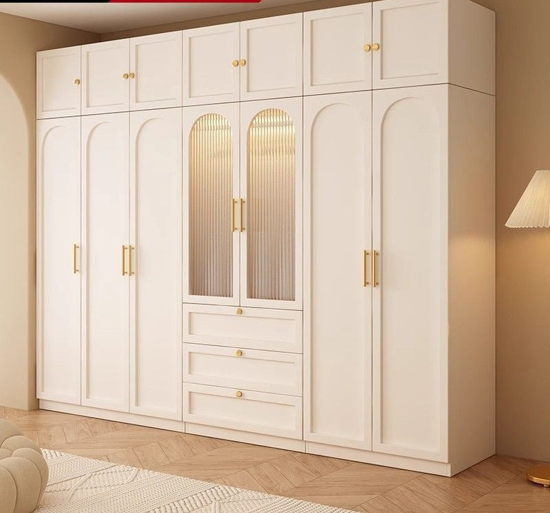 实木衣柜家用卧室新款组合定制带玻璃门法式柜子奶油风儿童大衣橱