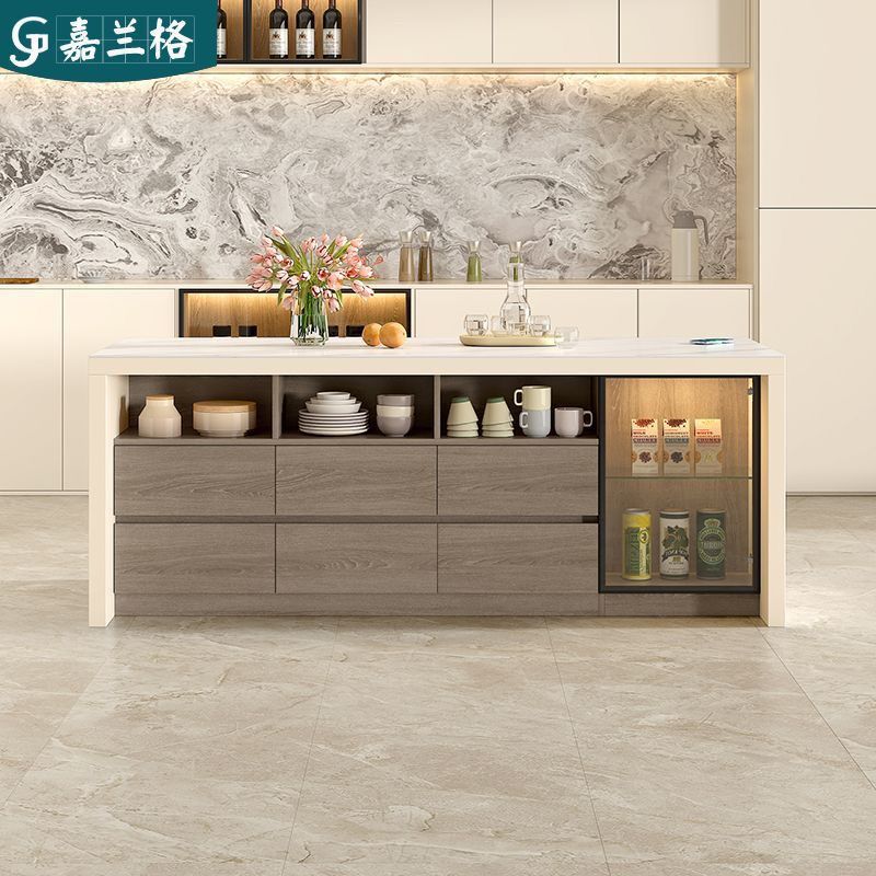 实木大理石吧台开放式厨房置物玻璃岩板小户型中岛台家用餐桌一体