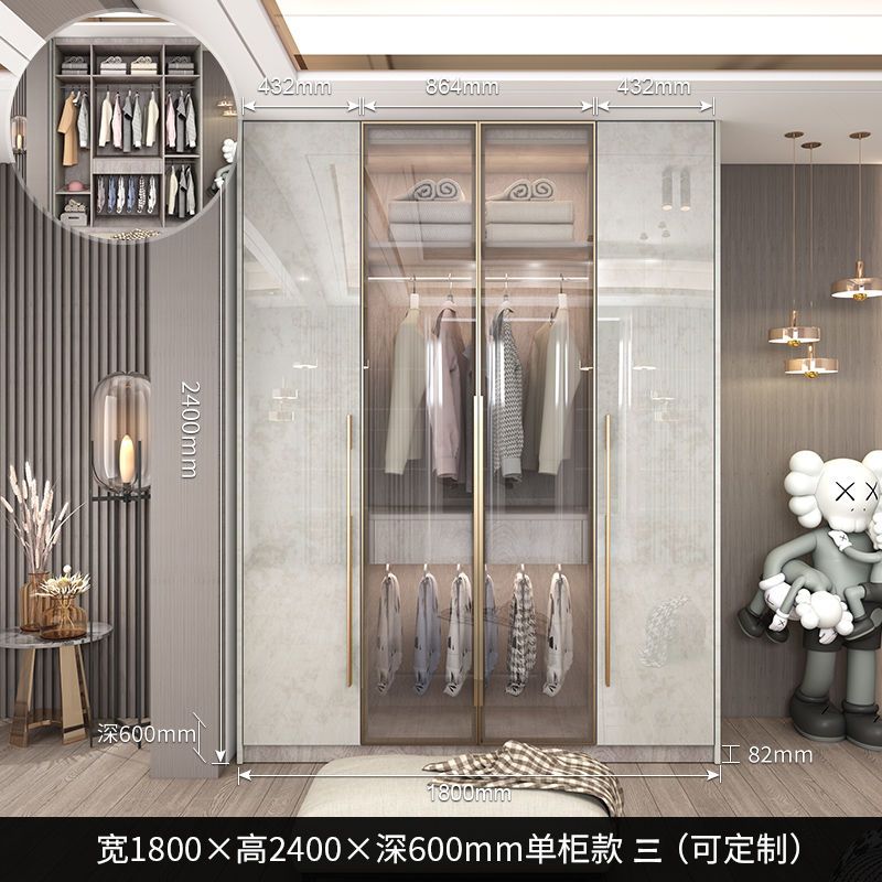 轻奢衣柜家用卧室玻璃门简约现代小户型亮光实木衣柜带梳妆台定制