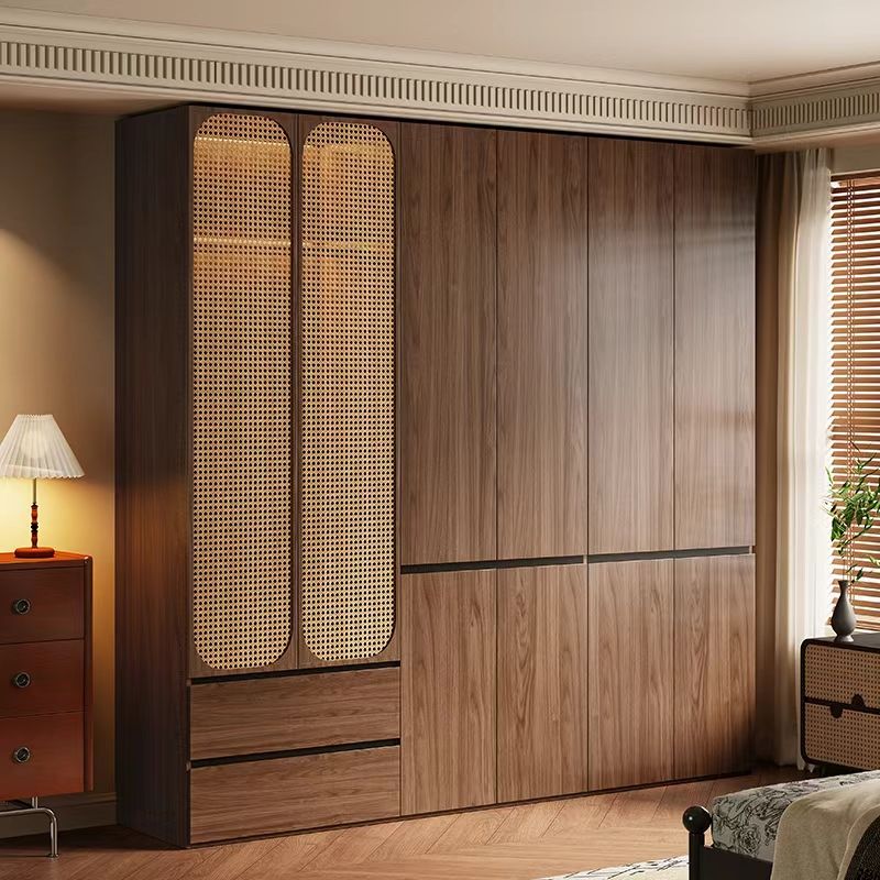 中古风实木衣柜家用卧室新款胡桃色成品柜子藤编复古多挂衣大衣橱