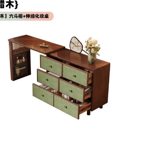 中古風實木梳妝檯伸縮鬥櫃一體臥室復古化妝桌收納櫃一體復古櫃