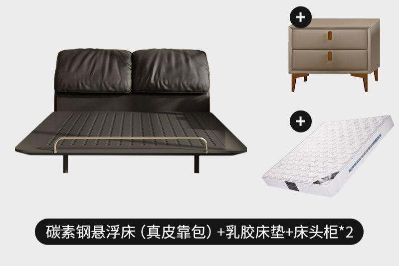 侘寂风钢艺床意式复古碳素钢齐边主卧床小户型大象耳朵真皮悬浮床
