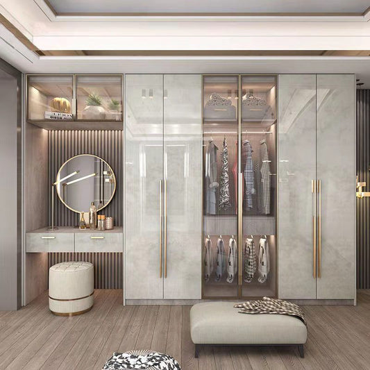 轻奢衣柜家用卧室玻璃门简约现代小户型亮光实木衣柜带梳妆台定制