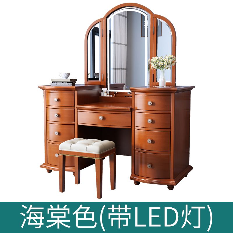美式实木梳妆台轻奢现代简约高档智能折叠镜卧室化妆桌收纳柜一体