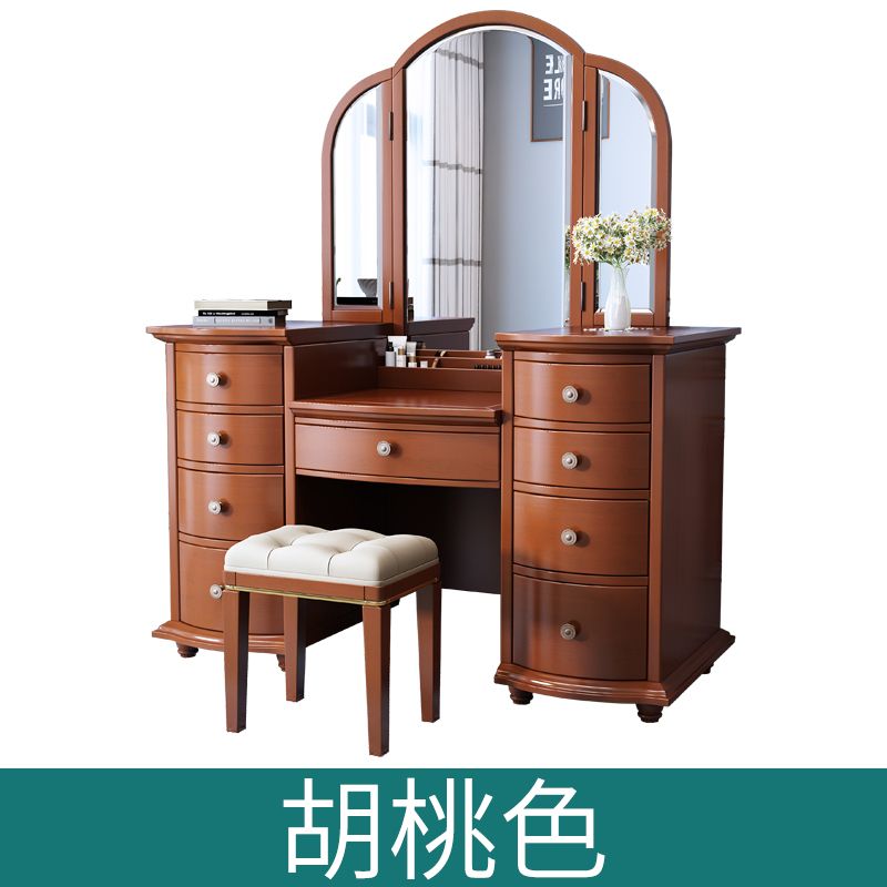美式实木梳妆台轻奢现代简约高档智能折叠镜卧室化妆桌收纳柜一体
