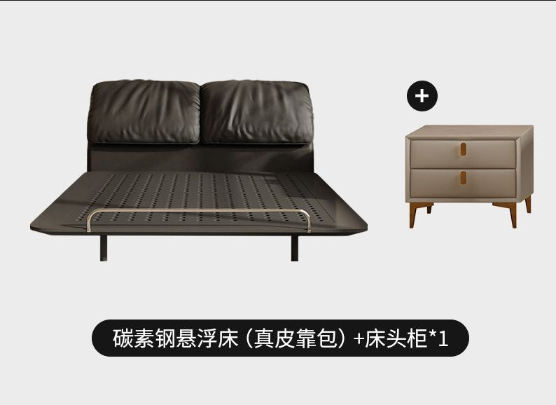 侘寂风钢艺床意式复古碳素钢齐边主卧床小户型大象耳朵真皮悬浮床