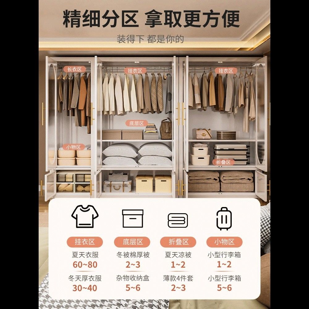 家用卧室铁艺衣橱收纳儿童房衣帽间住宅衣物收纳钢制衣柜衣服挂架