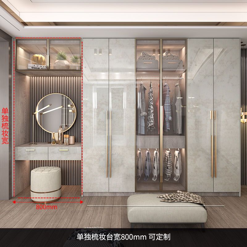 轻奢衣柜家用卧室玻璃门简约现代小户型亮光实木衣柜带梳妆台定制