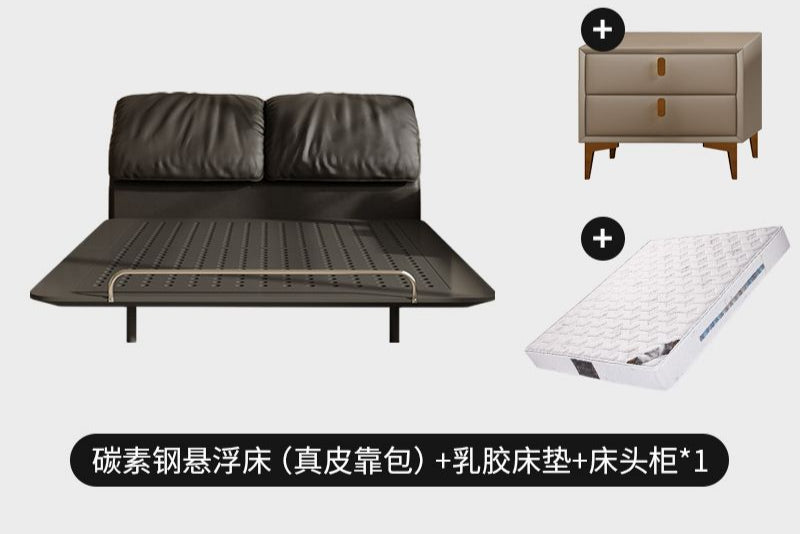 侘寂风钢艺床意式复古碳素钢齐边主卧床小户型大象耳朵真皮悬浮床
