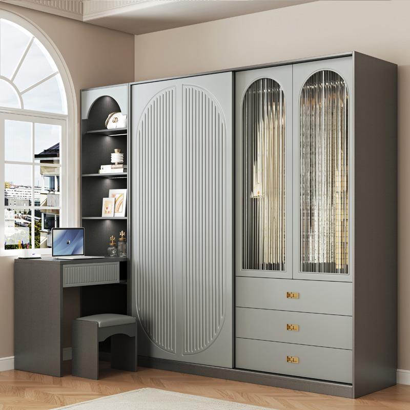 轻奢风北欧推拉门衣柜家用卧室儿童衣柜带书桌一体转角组合衣橱柜