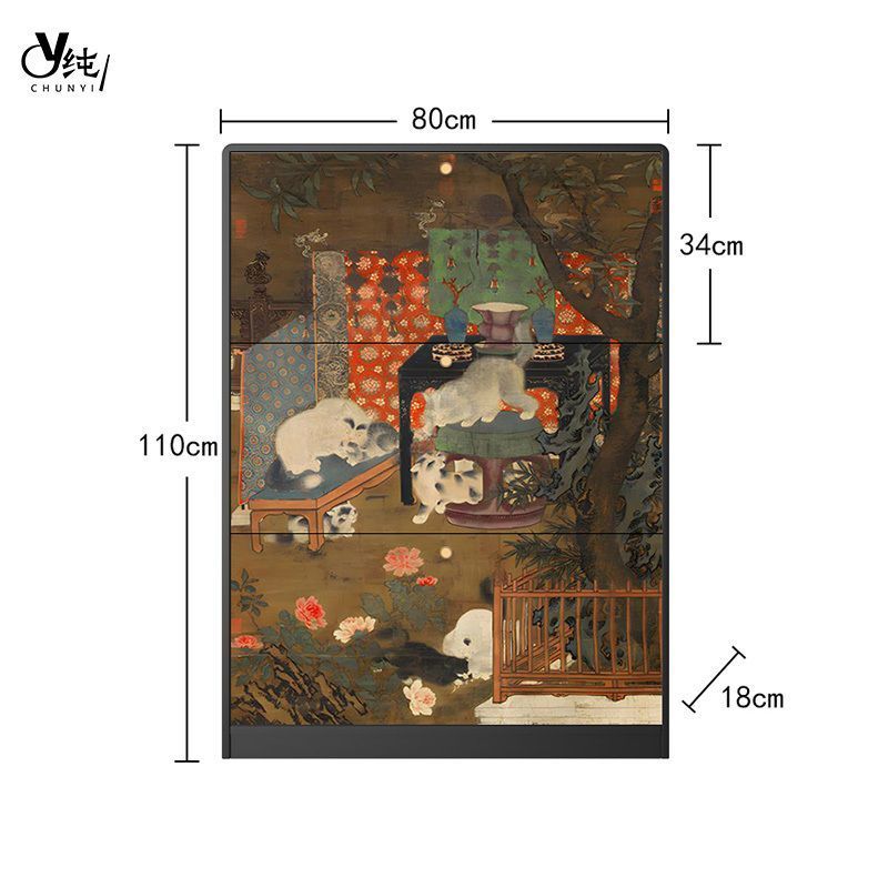 中古風戲貓圖實木落地鞋櫃免安裝入戶玄關櫃裝飾櫃儲物收納櫃定製