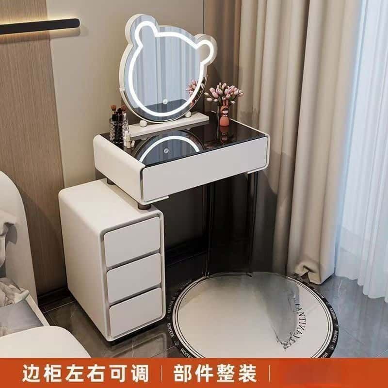 简约梳妆台奶油风化妆桌小户型现代轻奢化妆台梳妆台亮面钢化玻璃